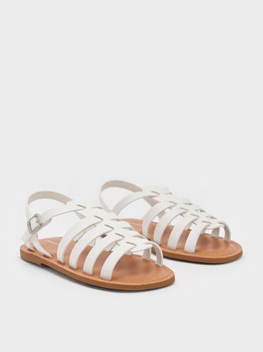 Girls' Caged Sandals, White, hi-res