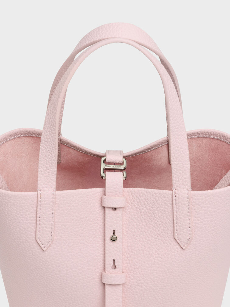 Beryl Recycled Leather Double-Handle Belted Bucket Bag, Cotton Candy Pink, hi-res