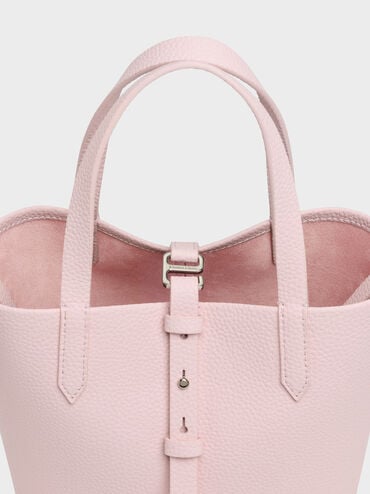 Beryl Recycled Leather Double-Handle Belted Bucket Bag, Cotton Candy Pink, hi-res