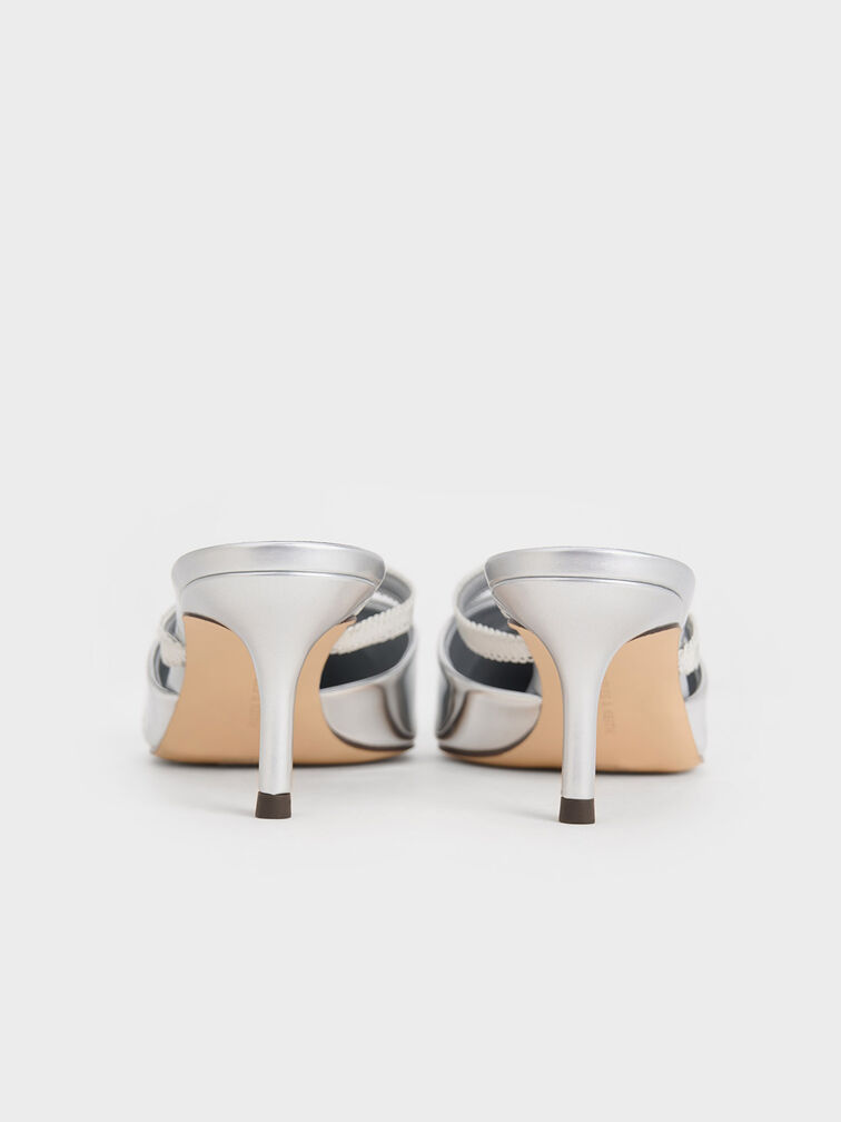 Metallic Grosgrain-Strap Pointed-Toe Mules, Silver, hi-res