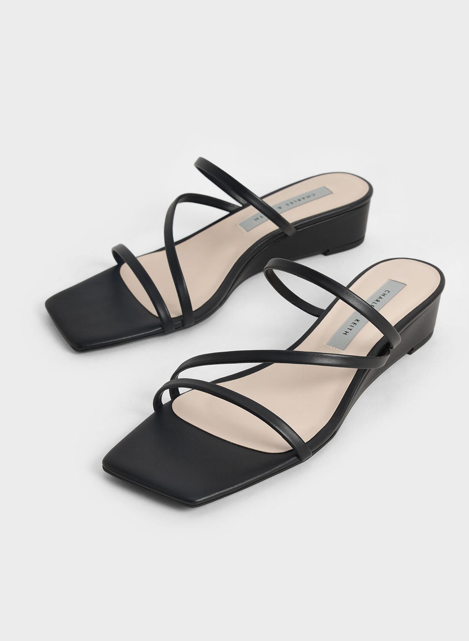 Strappy Wedge Mules, Black, hi-res