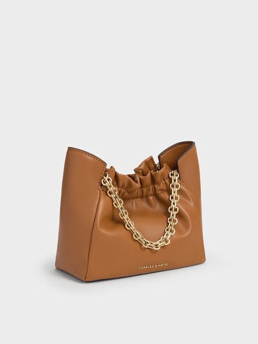 Brigette Ruched Chain-Handle Shoulder Bag, Brown, hi-res