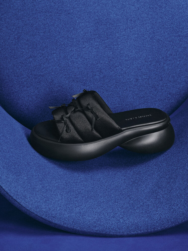 Recycled Polyester Bow Puffy Sports Sandals, Black Textured, hi-res