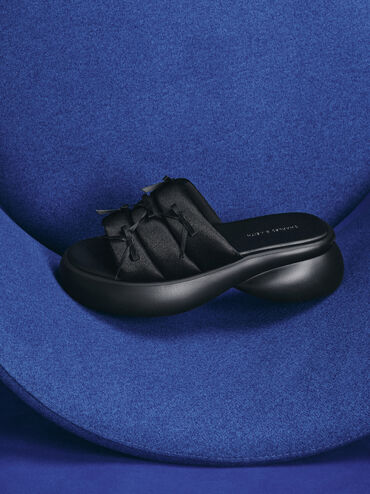Recycled Polyester Bow Puffy Sports Sandals, Black Textured, hi-res