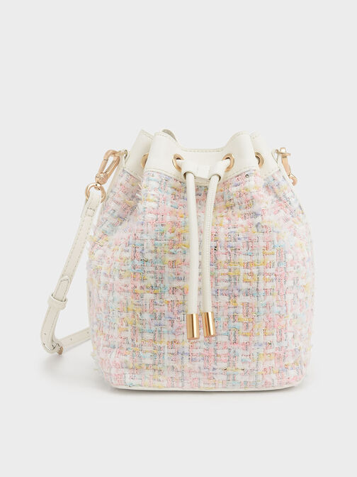 Woven Handle Tweed Bucket Bag, Light Pink, hi-res