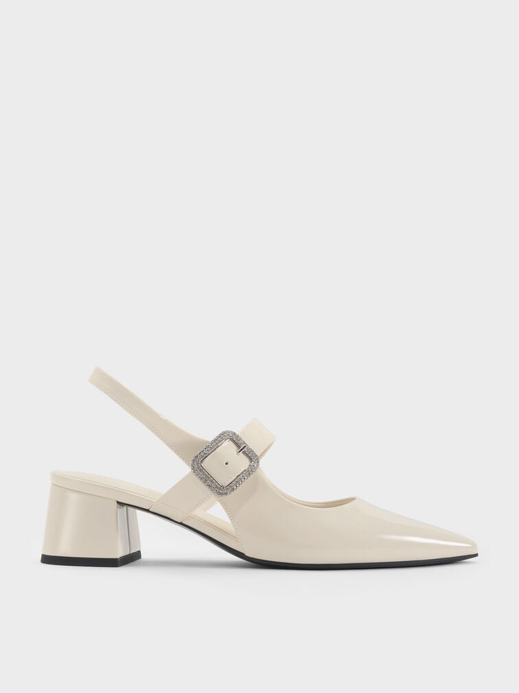 Patent Crystal-Buckle Block-Heel Slingback Pumps, Chalk, hi-res