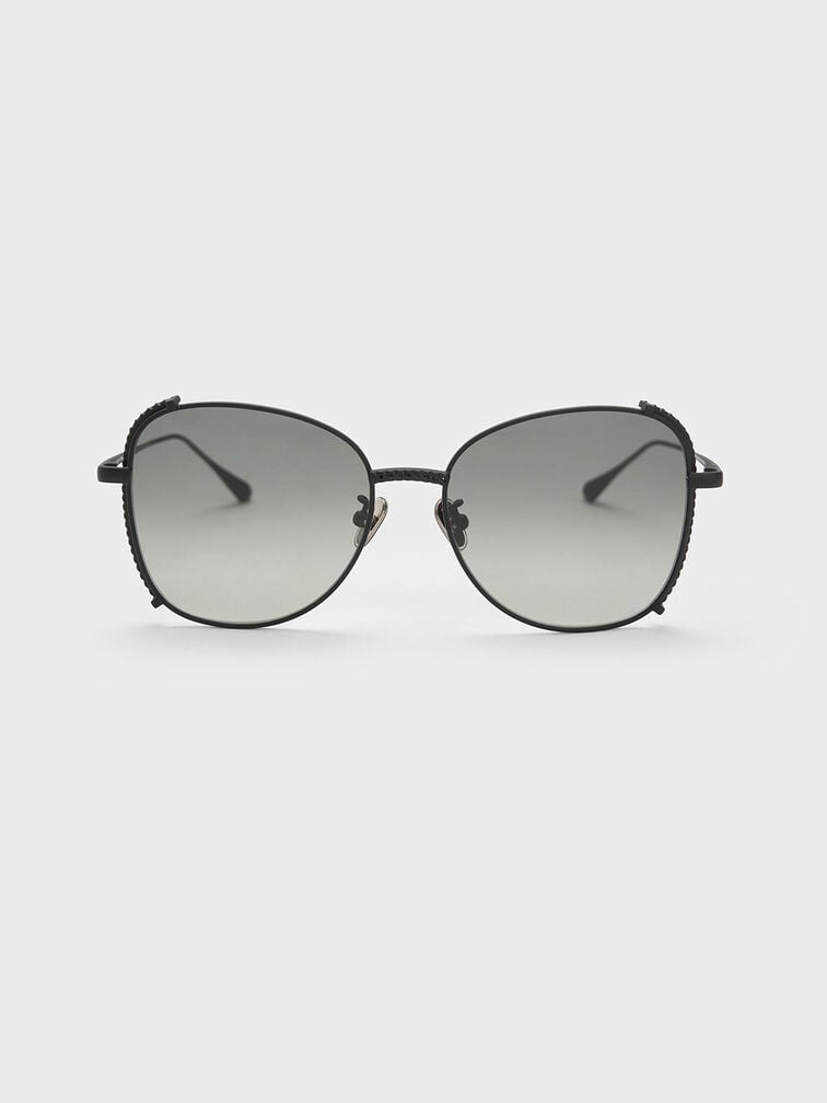 Embellished Half-Frame Butterfly Sunglasses, Black, hi-res