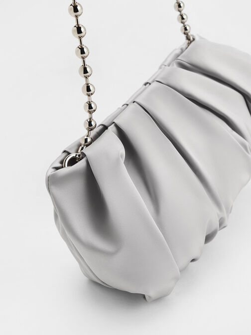 Satin Ruched Bead-Handle Bag, Silver, hi-res