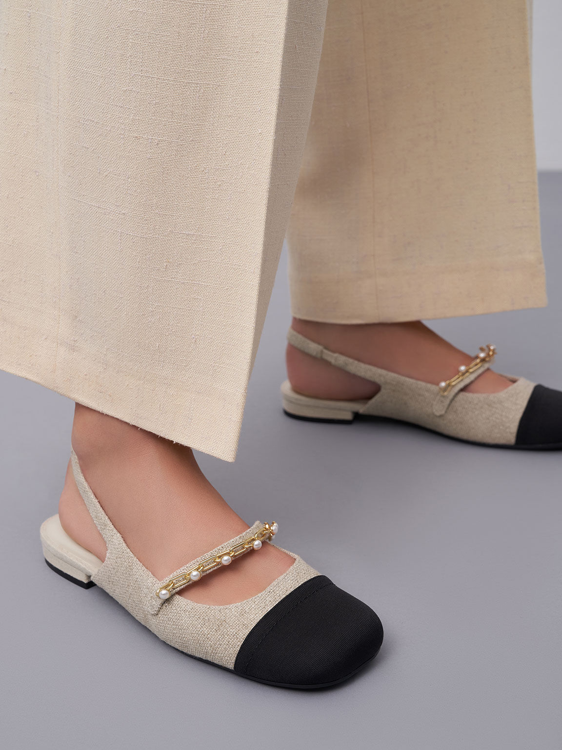 Beaded Chain-Link Linen & Grosgrain Slingback Mary Janes - Beige