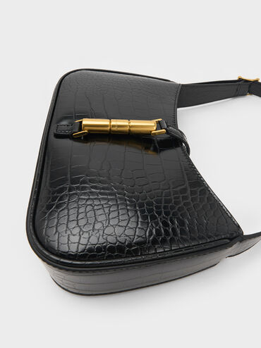 Cesia Croc-Effect Metallic-Accent Shoulder Bag, Black, hi-res