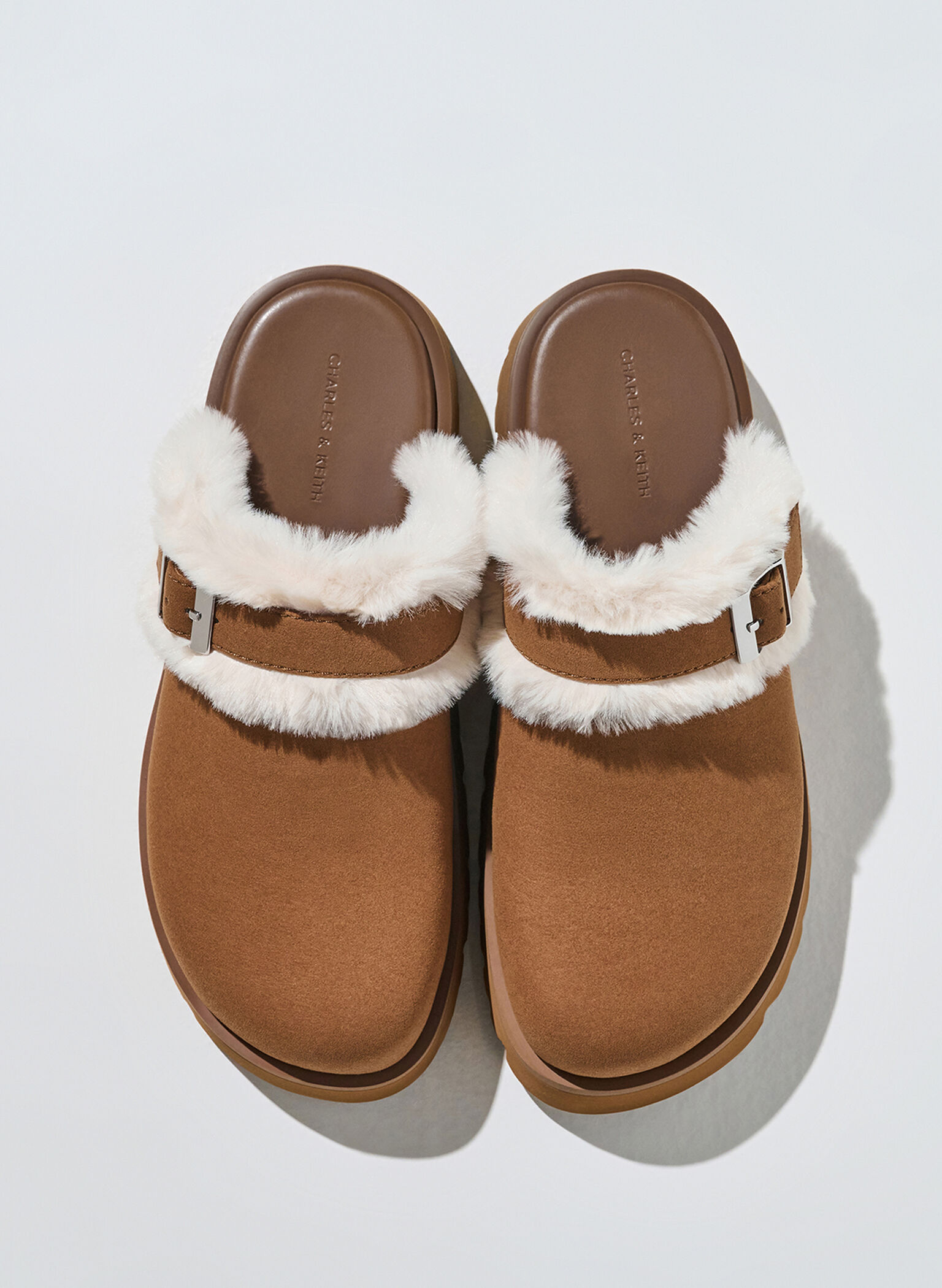 Hannah Textured Fur-Trim Buckled Mules, Brown, hi-res