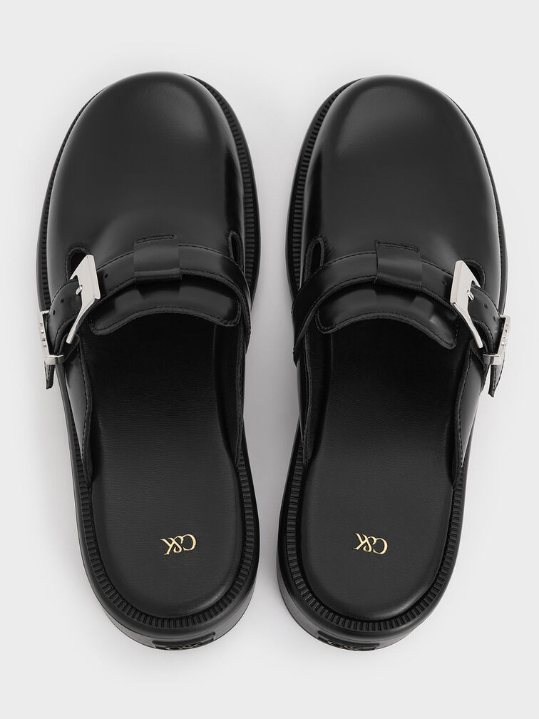 Leather Buckled Mules, Black, hi-res