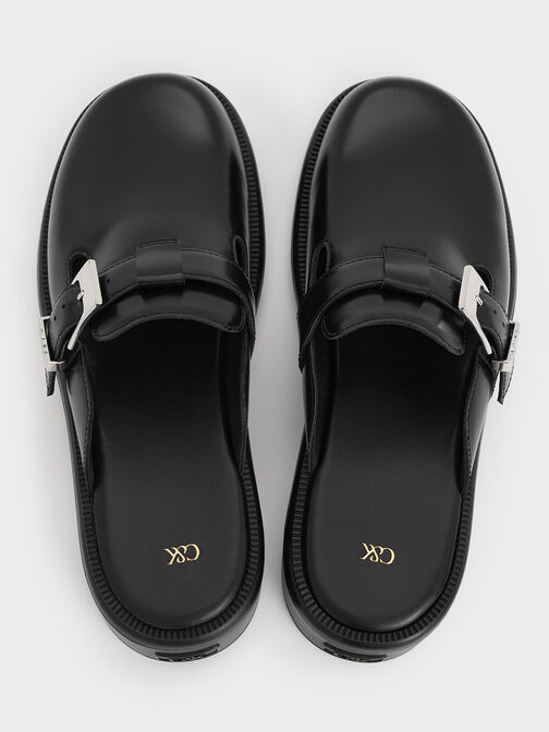 Leather Buckled Mules, Black, hi-res