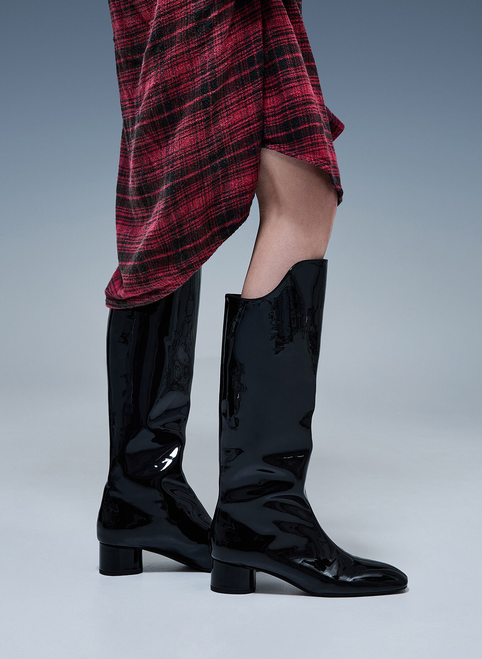Patent Elongated Square-Toe Knee-High Boots, Black Patent, hi-res