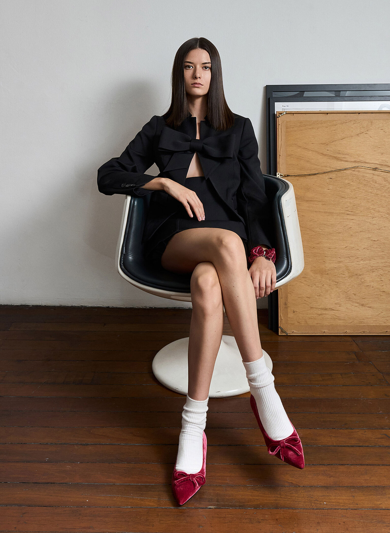 Velvet Bow Pointed-Toe Flats, Pink, hi-res