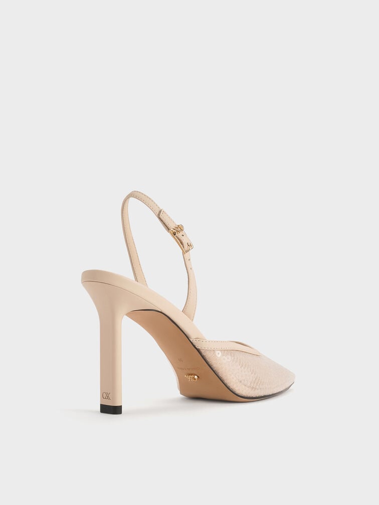 Sequin Mesh & Leather Pointed-Toe Slingback Pumps, Nude, hi-res