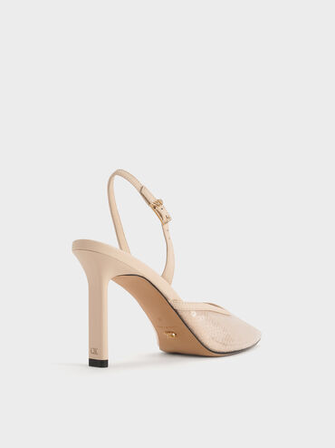 Sequin Mesh & Leather Pointed-Toe Slingback Pumps, Nude, hi-res