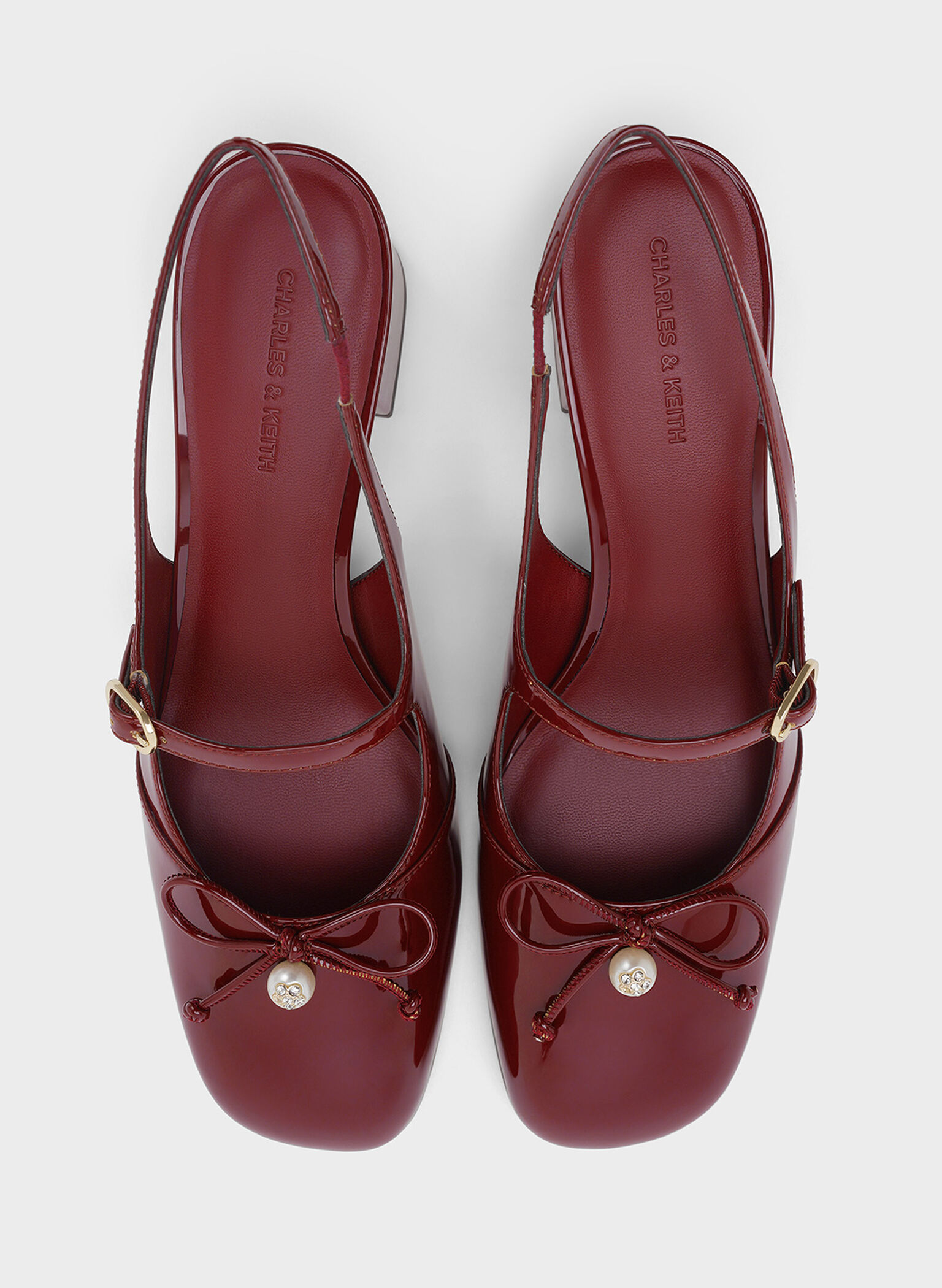 Patent Bow Crystal-Pearl Slingback Mary Jane Pumps, Burgundy, hi-res