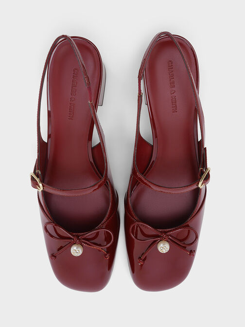 Patent Bow Crystal-Pearl Slingback Mary Jane Pumps, Burgundy, hi-res