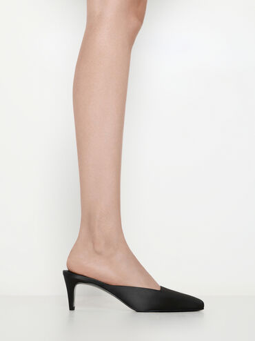 Satin Square-Toe Blade-Heel Mules, Black Textured, hi-res