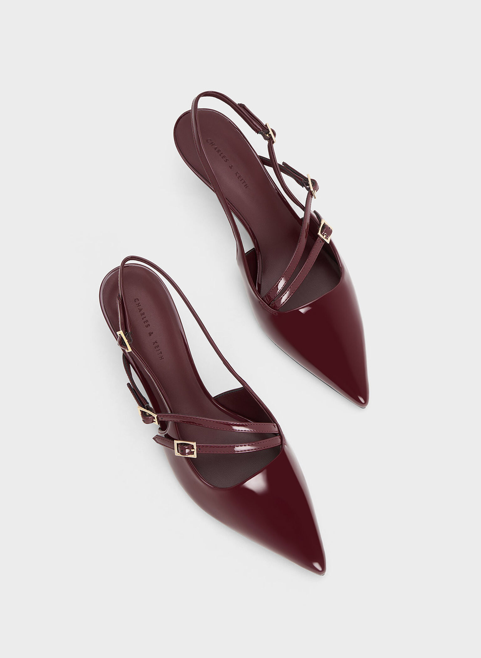 Patent Buckle-Strap Kitten Heel Slingback Pumps, Maroon, hi-res
