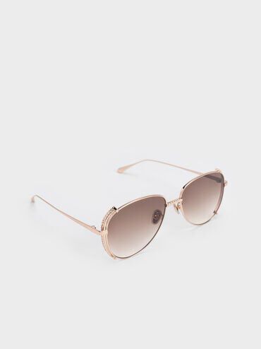 Gem-Embellished Wireframe Aviator Sunglasses, Rose Gold, hi-res
