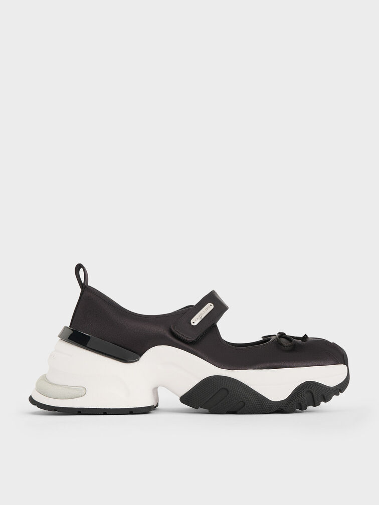 Satin Bow Two-Tone Mary Jane Sneakers, Black Textured, hi-res