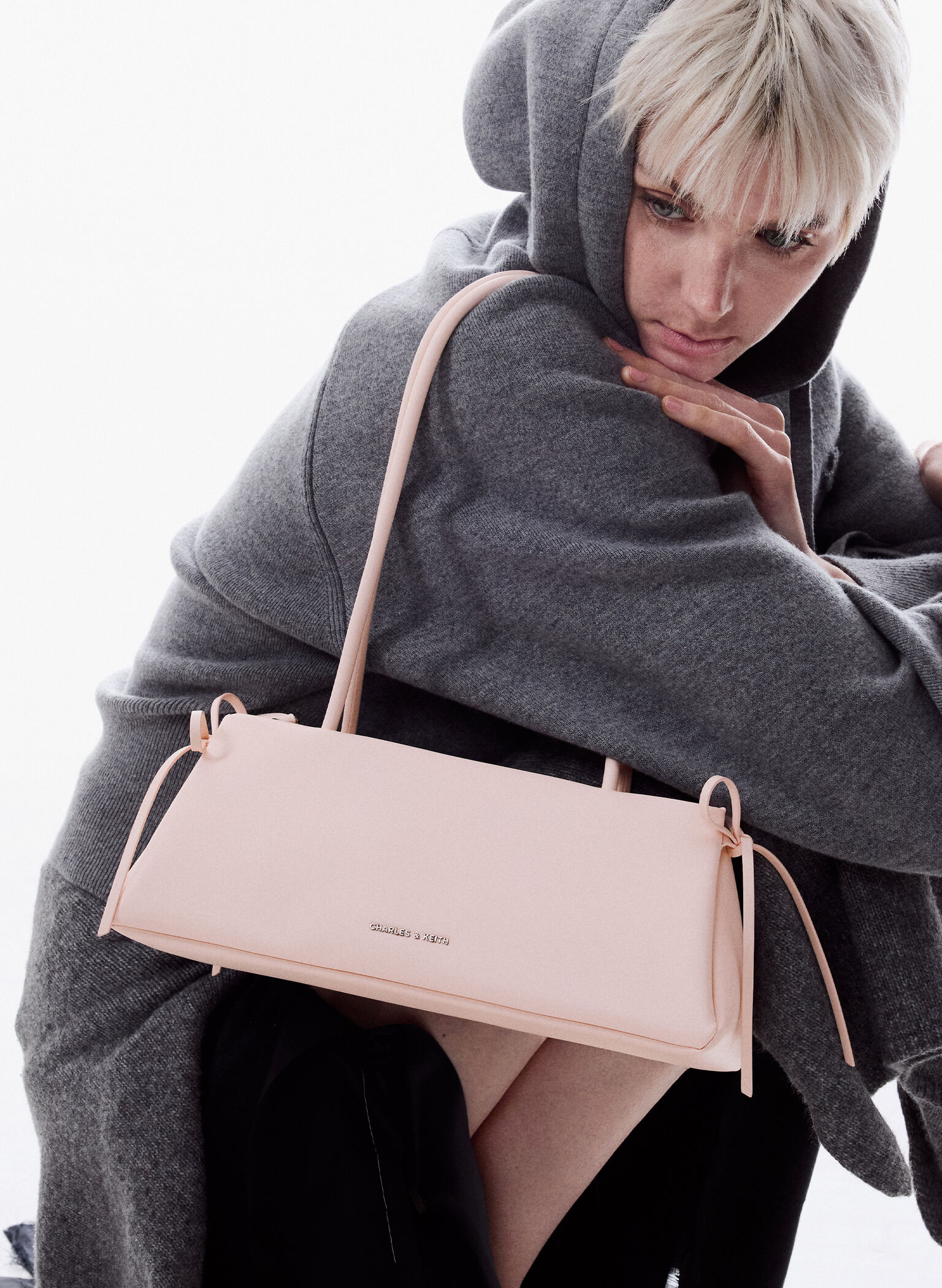 Hazel Bow Elongated Trapeze Shoulder Bag, Soft Pink, hi-res
