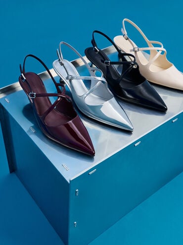 Pauline Patent Crossover Slingback Kitten Heels, Chalk, hi-res