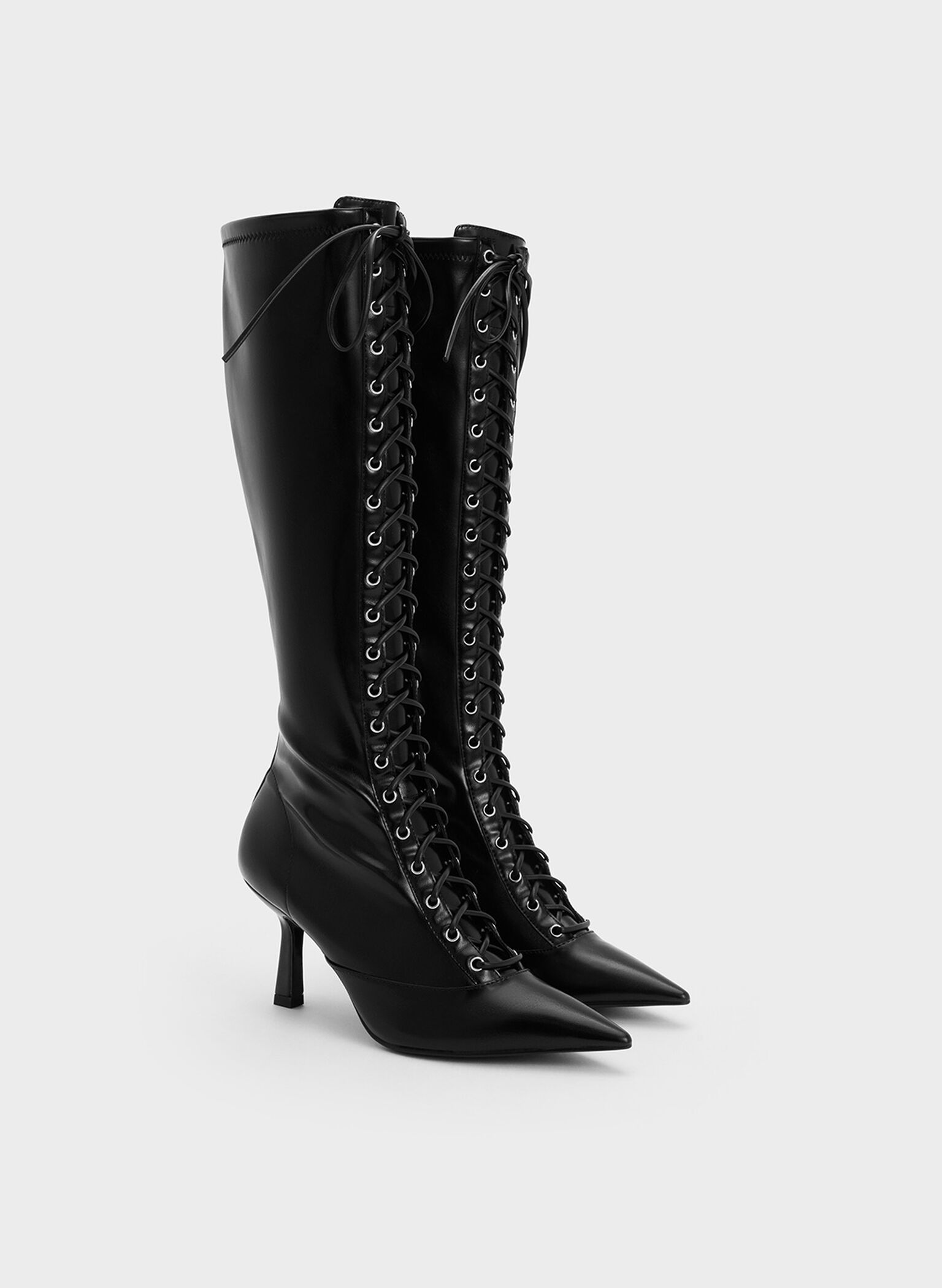 Lace-Up Pointed-Toe Knee-High Boots, Black, hi-res