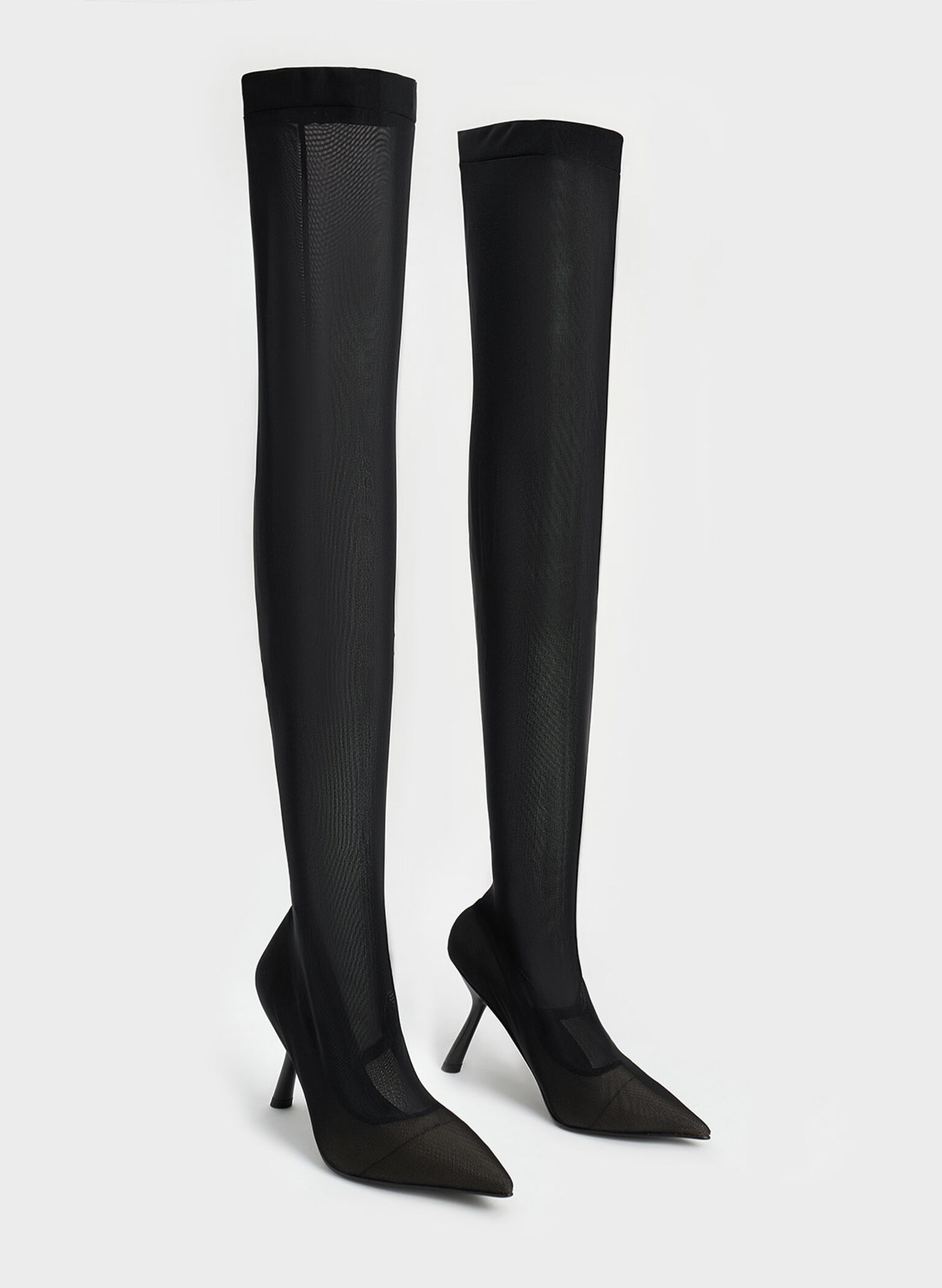 Mesh Slant-Heel Thigh-High Boots, Black Textured, hi-res