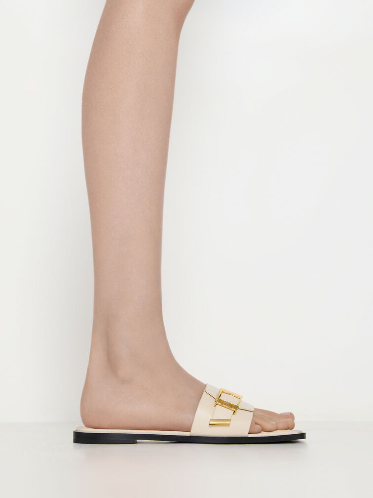 Whitney Leather Buckled Square-Toe Slide Sandals, Chalk, hi-res