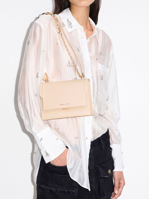 Front Flap Chain Handle Crossbody Bag, Light Pink, hi-res