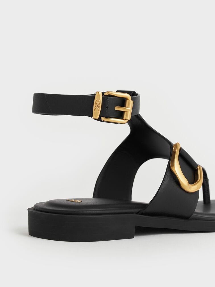 Gabine Leather Ankle-Strap Thong Sandals, Black, hi-res