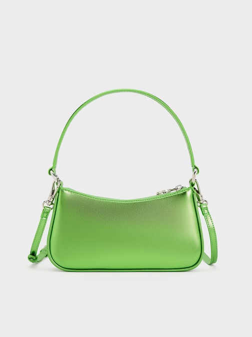 Metallic Curved Shoulder Bag, Green, hi-res