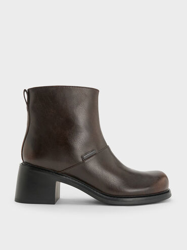 Stitch-Trim Block-Heel Ankle Boots, Dark Brown, hi-res