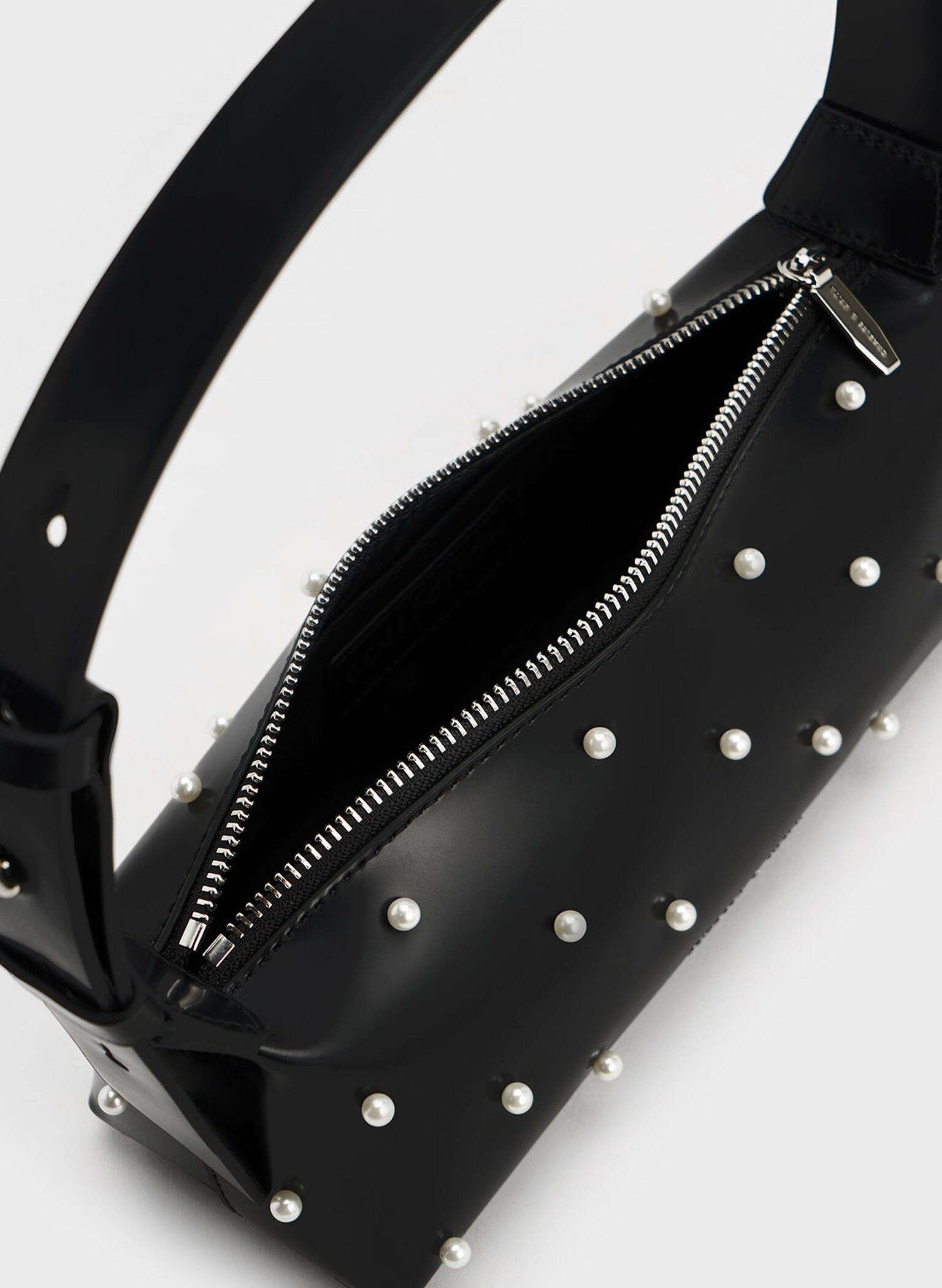 Pearl-Embellished Leather Top Handle Bag, Black, hi-res
