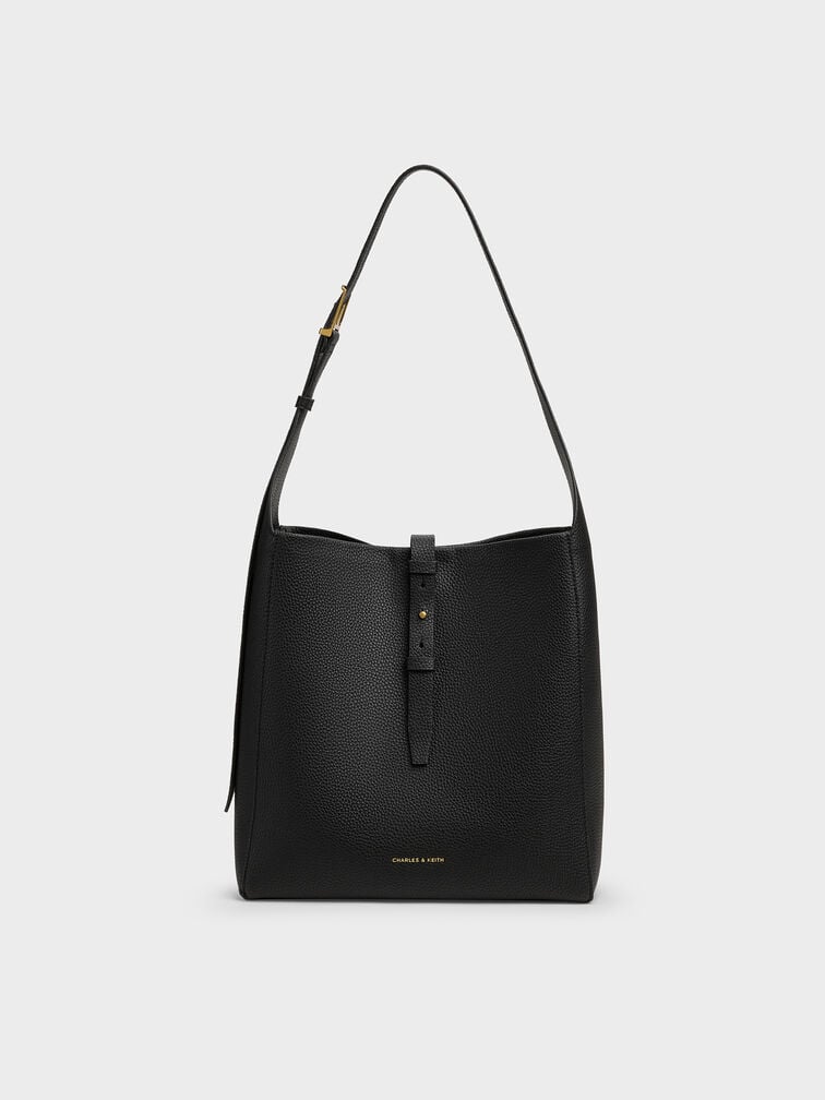 Beryl Recycled Leather Belted Hobo Bag, Black, hi-res