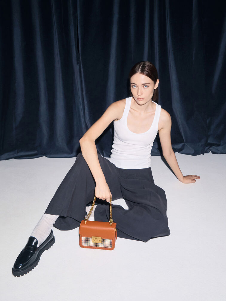 Alva Checkered Front Flap Bag, Cognac, hi-res