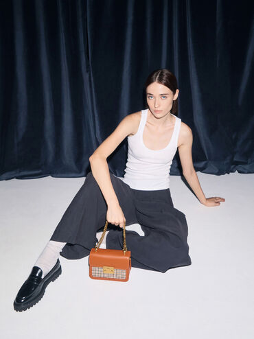 Alva Checkered Front Flap Bag, Cognac, hi-res