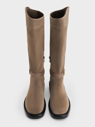 Leather & Suede Buckled-Strap Knee-High Boots, Taupe, hi-res