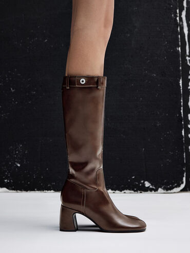Block-Heel Knee-High Biker Boots, Dark Brown, hi-res