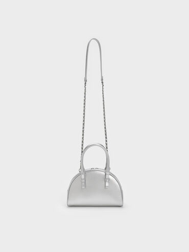 Leather Half-Moon Bowling Bag, Silver, hi-res