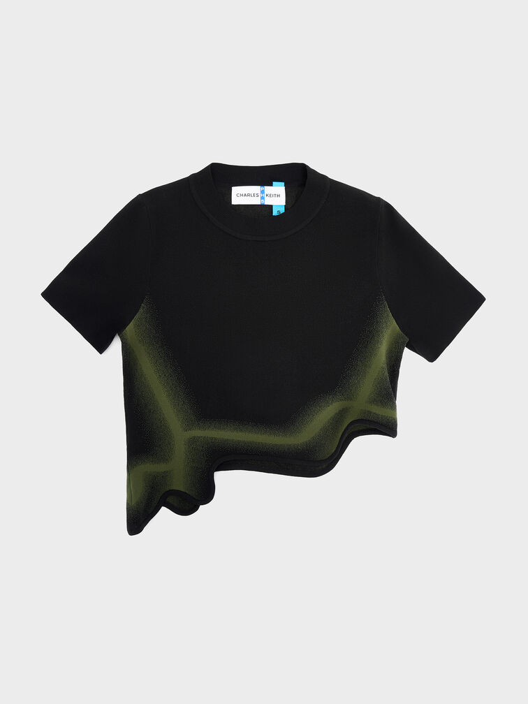 Recycled Polyester Knitted Gradient Wave-Hem Crop Top, Green, hi-res