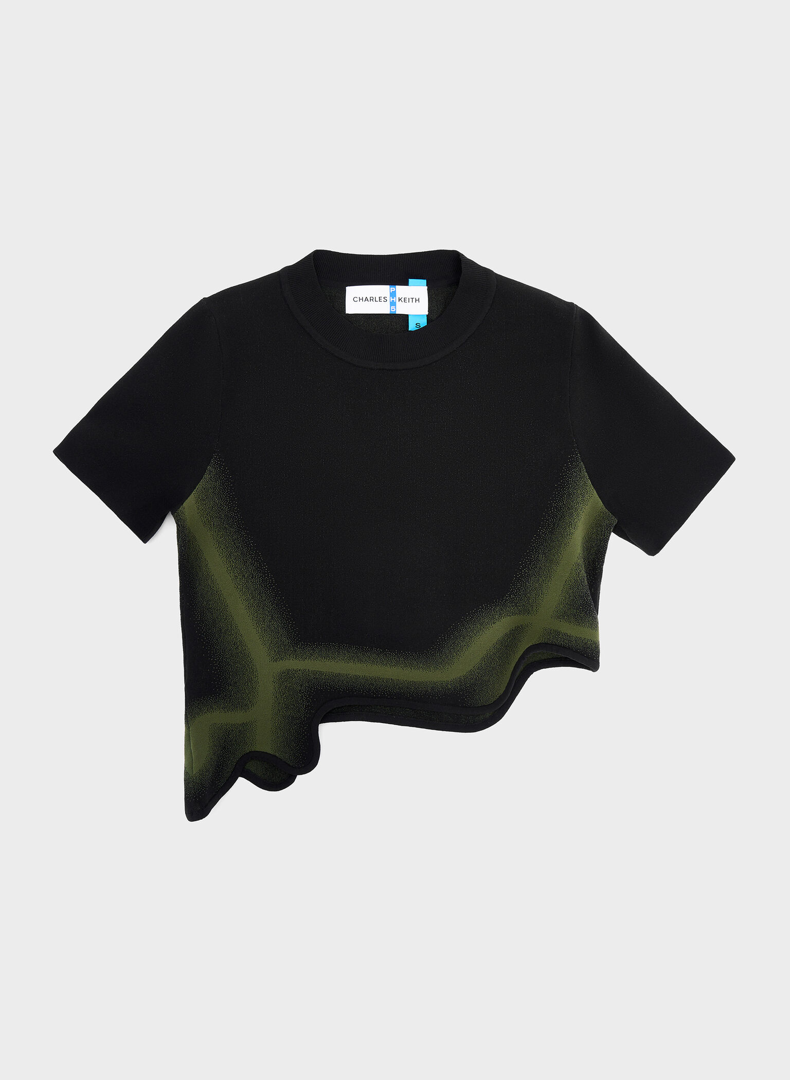 Recycled Polyester Knitted Gradient Wave-Hem Crop Top, Green, hi-res
