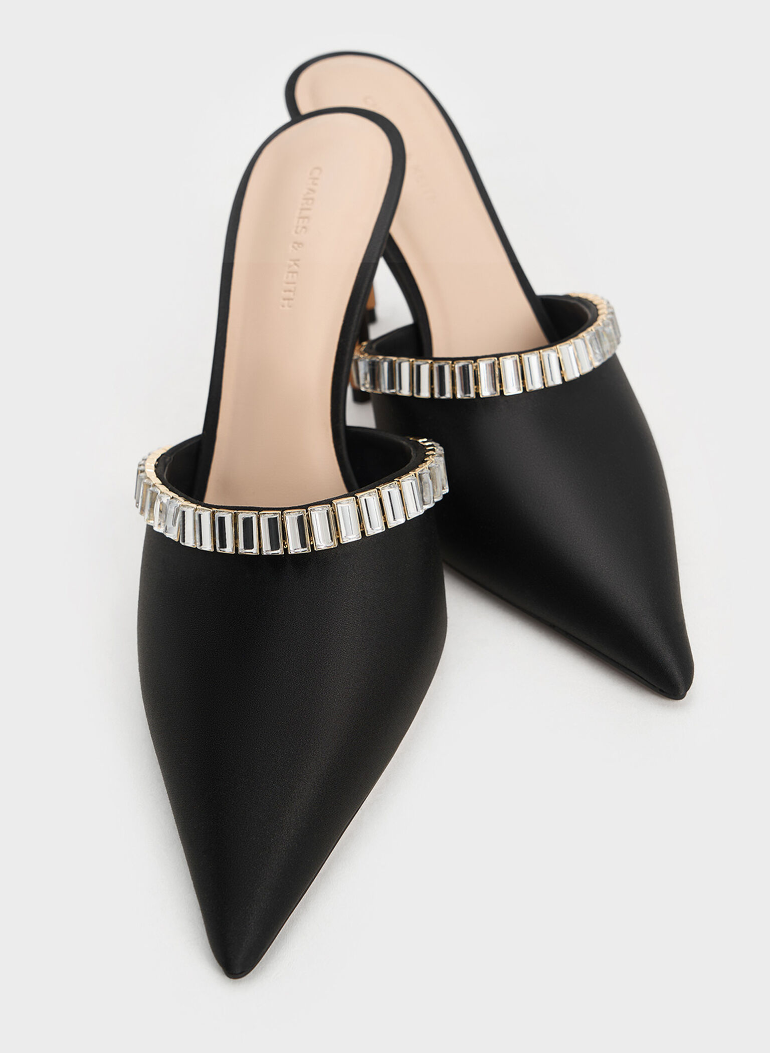 Satin Crystal-Embellished Pointed-Toe Heeled Mules, Black Textured, hi-res