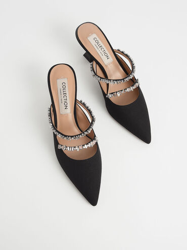Canvas Double Gem Strap Mules, Black, hi-res