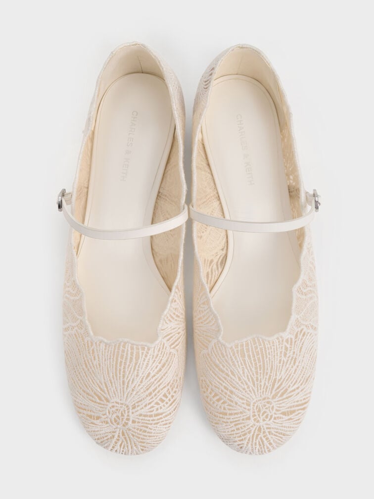 Crochet Floral Mary Jane Flats, White, hi-res