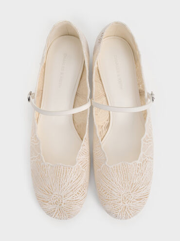 Crochet Floral Mary Jane Flats, White, hi-res