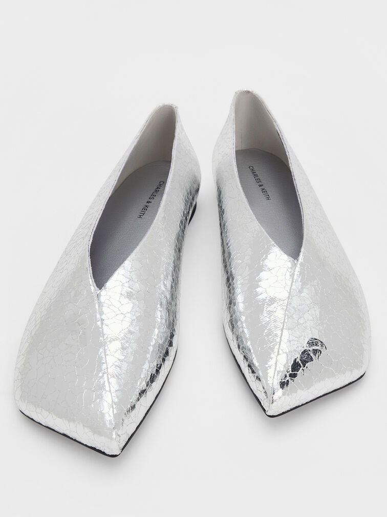 Metallic Crinkle-Effect Asymmetrical Square-Toe Ballet Flats, Silver, hi-res